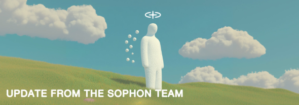 The image features a white statue of a man standing alone on top of a hill with clouds in the background. Below the statue, there's text that reads "Update From The Sophon Team" followed by an email address for more information about the update.