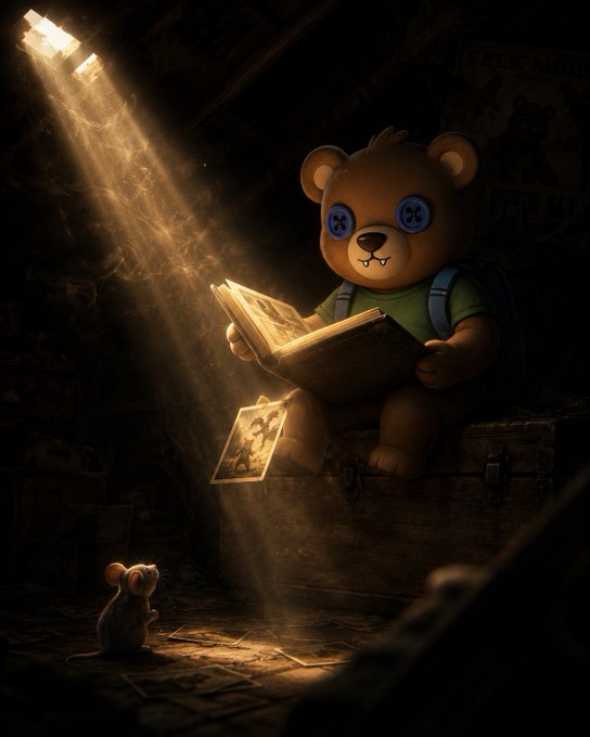 The image features a teddy bear sitting on top of an old trunk or chest, holding a book open as if reading from it. The scene takes place in a dark room with a beam of light shining down on them, creating a dramatic atmosphere. A mouse is also present in the scene, standing near the teddy bear and the trunk.