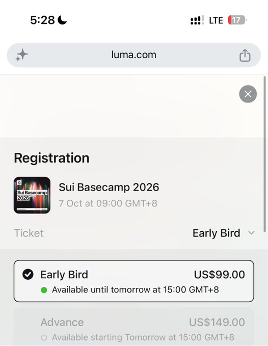 Mobile screenshot of luma.com registration page for 'Sui Basecamp 2026' on 7 Oct, showing an Early Bird ticket option for US$99.00 (available until tomorrow at 15:00 GMT+8).