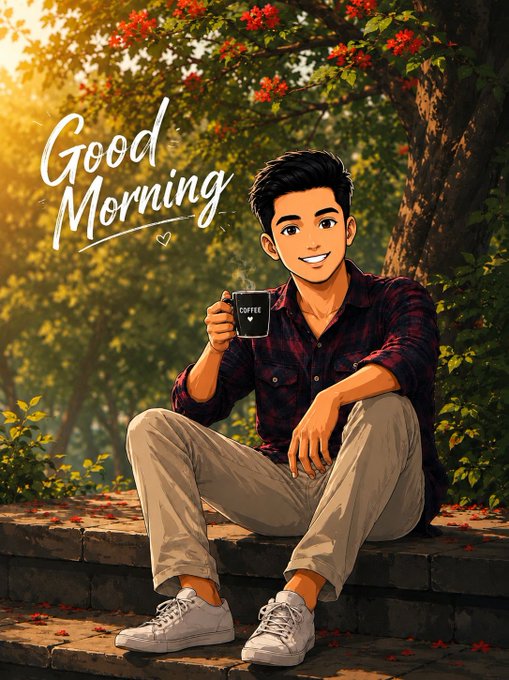Anime-style illustration of a smiling young man sitting on steps holding a coffee mug, with 'Good Morning' written beside him.