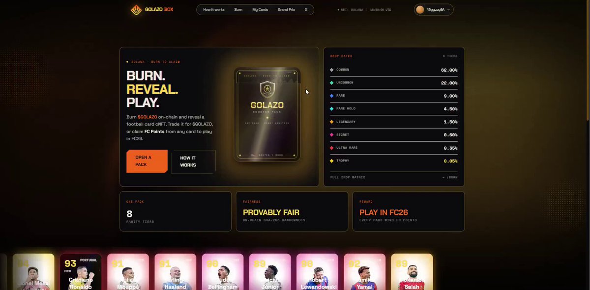 The image shows a screenshot of a website's desktop page for "GOLAZO", which is an online gaming platform known for selling sports cards, such as football ones. The main focus of the image appears to be the title screen of the website, displaying the text "Live reveal your next card" and "Burn it, revealing your Football Card". In addition to the gameplay elements on the display, there are also various options like "FC Points in FC26", "Solana", and "redeem it for FC points or Solana" that allow users to interact with the platform. The website's main function is to provide entertainment through online gaming experiences.