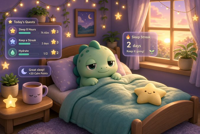A whimsical illustrated scene of a green monster character in bed with a game-like interface showing daily quests including 'Sleep 8 Hours', 'Keep a Streak', and 'Hydrate', plus a 'Sleep Streak' counter showing 2 days.