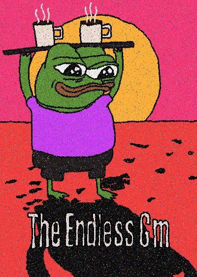 A colorful illustration of Pepe the Frog character with a yellow halo, wearing a purple shirt, and balancing two steaming coffee mugs on a tray, with the text 'The Endless Grind' at the bottom against a pink and red background.