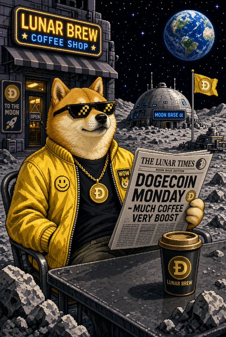 An illustration of the Doge Shiba Inu wearing pixelated sunglasses and a yellow jacket, reading 'The Lunar Times' newspaper at a 'Lunar Brew Coffee Shop' on the moon.