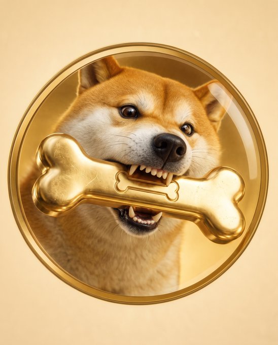 A Shiba Inu dog, the mascot of Dogecoin, bites down on a golden bone encased in a circular gold frame. This visual ties directly to the meme coin $BONES, with the post announcing its launch and providing the contract address "CfMGXqKkwYty3ZnmGU1WaWaxS3vqhWFo9seZd1Uxpump."