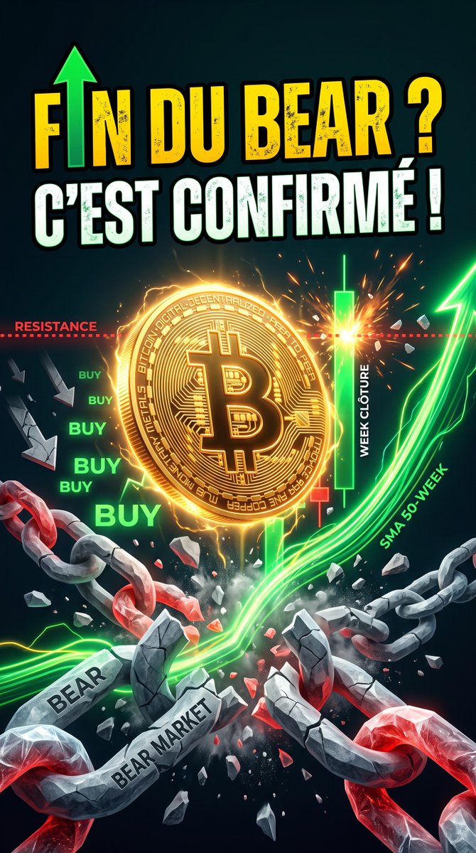 French crypto promotional graphic with 'FIN DU BEAR ? C'EST CONFIRMÉ !' text, showing a glowing Bitcoin breaking through resistance with 'BUY BUY BUY' labels and broken 'BEAR MARKET' chains.