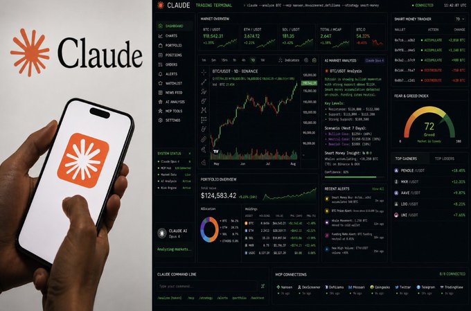 The image is split into two sections: on the left, hands hold a smartphone displaying the Claude logo, while on the right is a dark-themed "Claude Trading Terminal" dashboard featuring a BTC/USDT chart on Binance, Bitcoin priced at $118,622.89, market data widgets, a Fear & Greed Index of 72, a portfolio overview, and MCP connections including DexScreener and Nansen. The image visually illustrates the post's claim that Claude can be transformed into a comprehensive crypto trading terminal by integrating multiple MCPs.