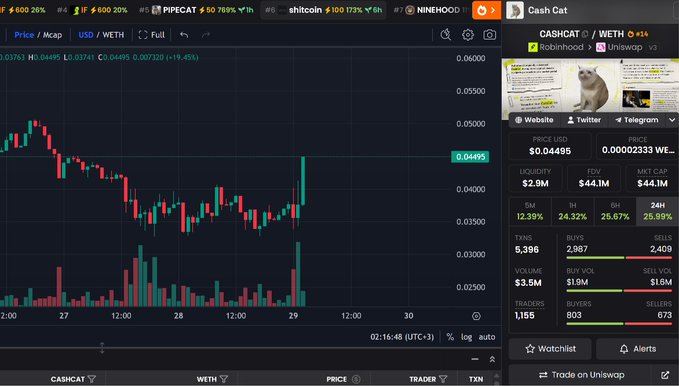 The image shows a cryptocurrency trading chart for $CASHCAT (Cash Cat) on Uniswap V3 against WETH, displaying a price of $0.04495 with a +19.45% gain, alongside key metrics like $2.9M liquidity, $44.1M FDV, and $44.1M market cap. The chart reveals a sharp upward price spike following a period of consolidation and decline, visually supporting the post's claim that $CASHCAT is poised for a reversal and heading higher.