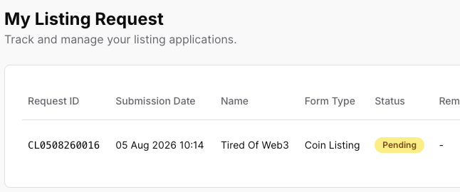 A 'My Listing Request' webpage showing a pending coin listing application for 'Tired Of Web3' (Request ID: CL0508260016) submitted on 05 Aug 2026.