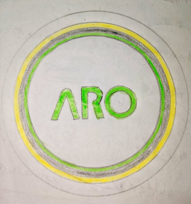 A hand-drawn circular emblem on white paper contains the green letters “ARO,” surrounded by gray and yellow rings.