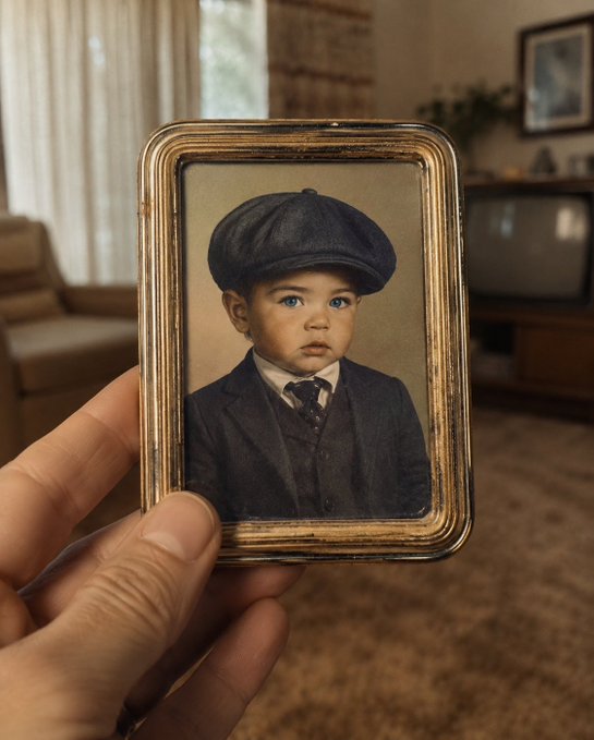 A hand holding a framed vintage portrait of a young child wearing a dark suit and flat cap.