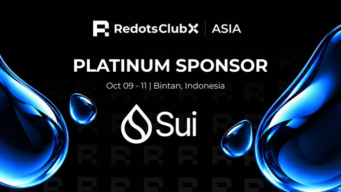 A promotional banner for ReddotsClubX ASIA Platinum Sponsor 'Sui', held Oct 09-11 in Bintan, Indonesia, featuring blue water droplet graphics.