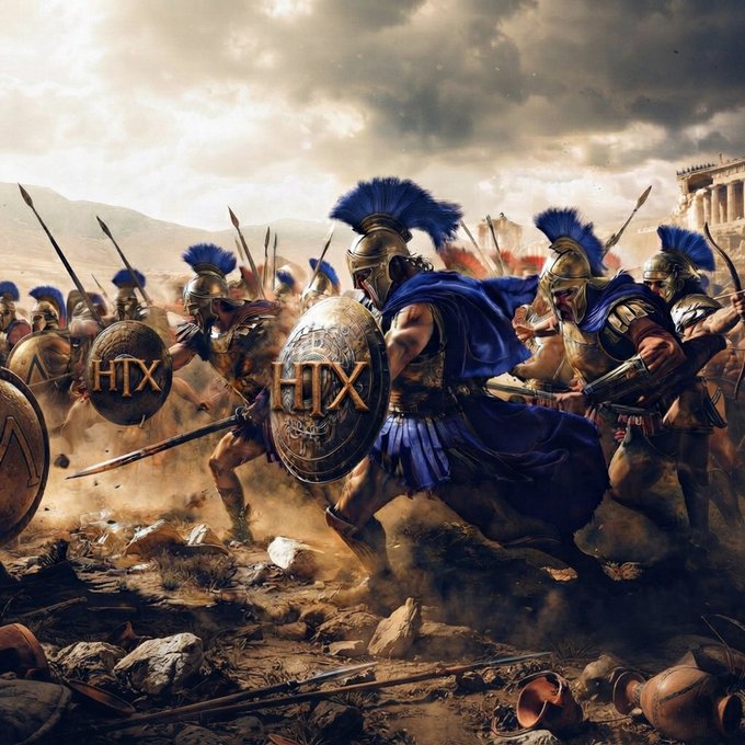 Spartan-style warriors charge into battle with swords drawn and shields bearing the inscription "HTX" emblazoned in gold, perfectly embodying the post's call to "hodl the line" with strength and honor.

The image's depiction of fierce warriors standing firm against overwhelming odds mirrors the crypto community's rallying cry to maintain conviction and resilience through market volatility.