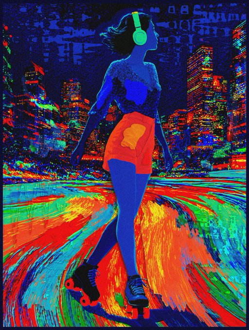 A vibrant, psychedelic illustration depicts a silhouetted woman wearing bright green headphones, a blue top, and an orange skirt while roller skating across a swirling, multicolored surface against a neon cityscape background.