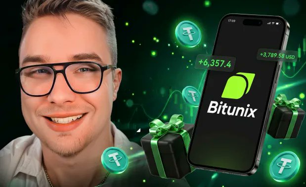 The image features a man wearing glasses smiling next to a cell phone displaying the Bitunix logo with green text. The background of the image has a dark green color, which contrasts with the white frame around the man's eyes. There are also several coins scattered throughout the scene, adding an element of visual interest and reinforcing the idea that the man is participating in a promotional event for Bitunix.