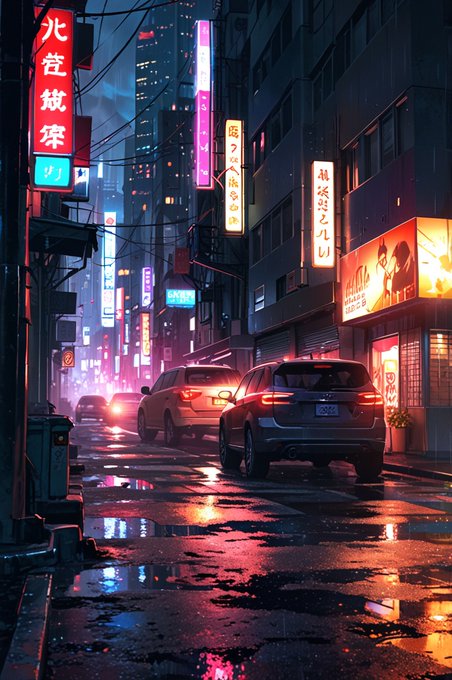 A neon-lit rainy city street at night with Japanese signage, where a dark SUV drives past glowing reflections on wet pavement.
