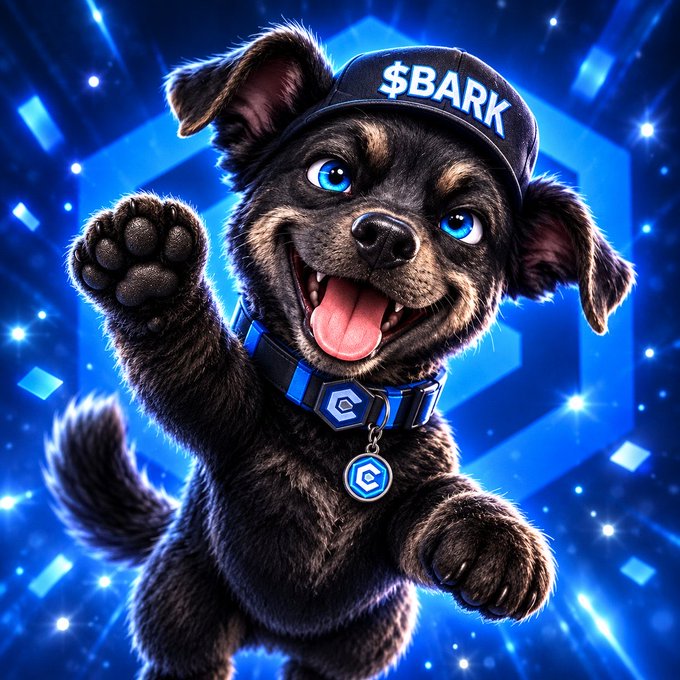 A digital illustration of a happy black puppy wearing a black cap with '$BARK' written on it, alongside a blue collar with a tag, set against a blue hexagonal background.