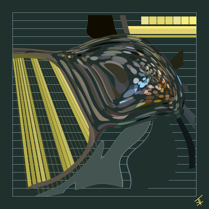An abstract digital artwork featuring a stylized fish with colorful spotted patterns set against a dark teal background with yellow grid lines.