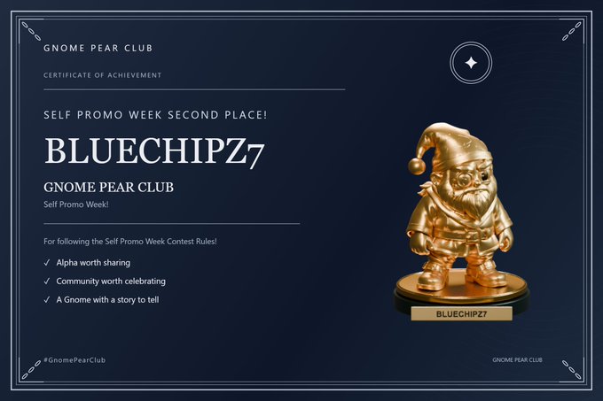 A 'Certificate of Achievement' from GNOME PEAR CLUB awarded to 'BLUECHIPZ7' for second place in Self Promo Week, featuring a golden gnome trophy.