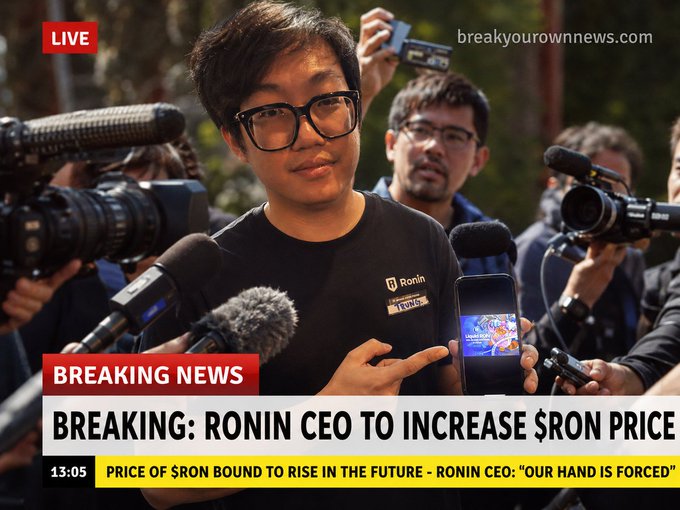 A fake 'BREAKING NEWS' thumbnail from 'breakyourownnews.com' showing an Asian man wearing glasses and a Ronin/Tyrell Corporation t-shirt being interviewed by reporters, with the headline 'BREAKING: RONIN CEO TO INCREASE $RONIN PRICE' and 'Our hand is forced' subtitle.
