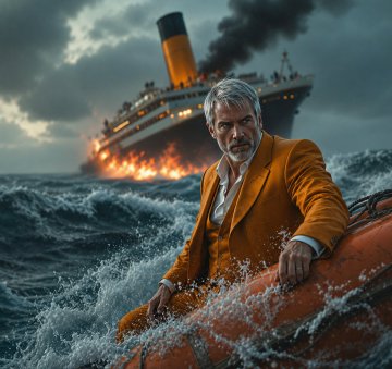 A distinguished man in a mustard suit clings to a life raft as the Titanic burns and sinks behind him in stormy seas, mirroring Michael Saylor's MicroStrategy Bitcoin sale controversy—where the crypto community likens his unexpected liquidation to abandoning ship while investors face the flames.