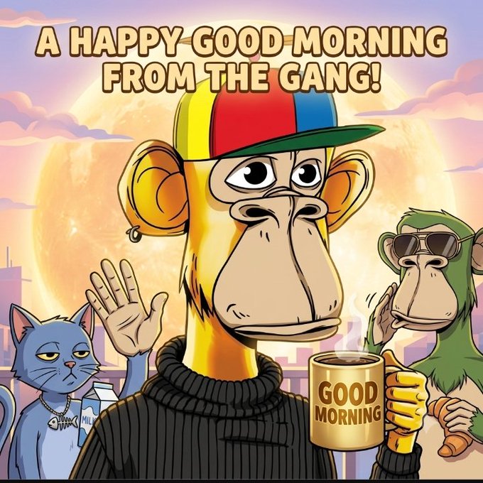 A cartoon illustration of Bored Ape-style characters (a monkey in a propeller cap, a green ape in sunglasses, and a blue cat) saying 'A HAPPY GOOD MORNING FROM THE GANG!' against a sunset cityscape.