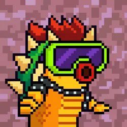 The image shows a pixel art orange dragon-like character (Bowser from the Mario franchise) wearing green ski goggles with a red snorkel mouthpiece, set against a purple cobblestone background. It relates to the post by presenting the character's avatar as one of the limited 500 Explorers being claimed as the user's own.