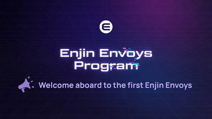 A promotional graphic with a dark purple grid background displays the Enjin logo and the text "Enjin Envoys Program" in bold white lettering, accompanied by a megaphone icon and the message "Welcome aboard to the first Enjin Envoys," visually announcing the launch of the ambassador program described in the post.