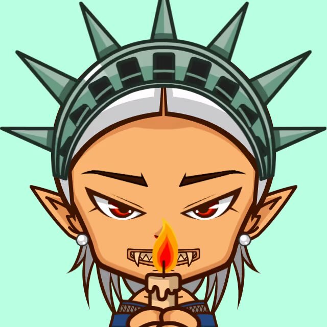 A cartoon-style digital illustration shows a character with a fierce expression, pointed ears, fangs, and a crown resembling the Statue of Liberty's headpiece, holding a lit candle in front of their face against a light teal background.