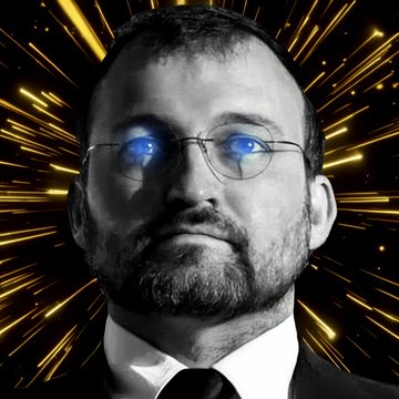 A black-and-white portrait of Charles Hoskinson, founder of Cardano (ADA), wearing glasses that reflect a glowing blue light, set against a dynamic background of radiating golden sparks. The image visually represents Hoskinson as the tech-focused, visionary leader referenced in his update on the Midnight DeFi kernel's progress and upcoming staking.
