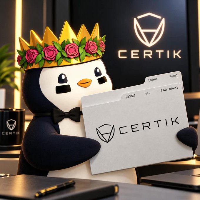 A 3D-rendered penguin mascot wearing a golden crown of pink roses and a black bow tie holds a folder displaying the "CERTIK" logo, with the Certik branding visible on the wall behind it.