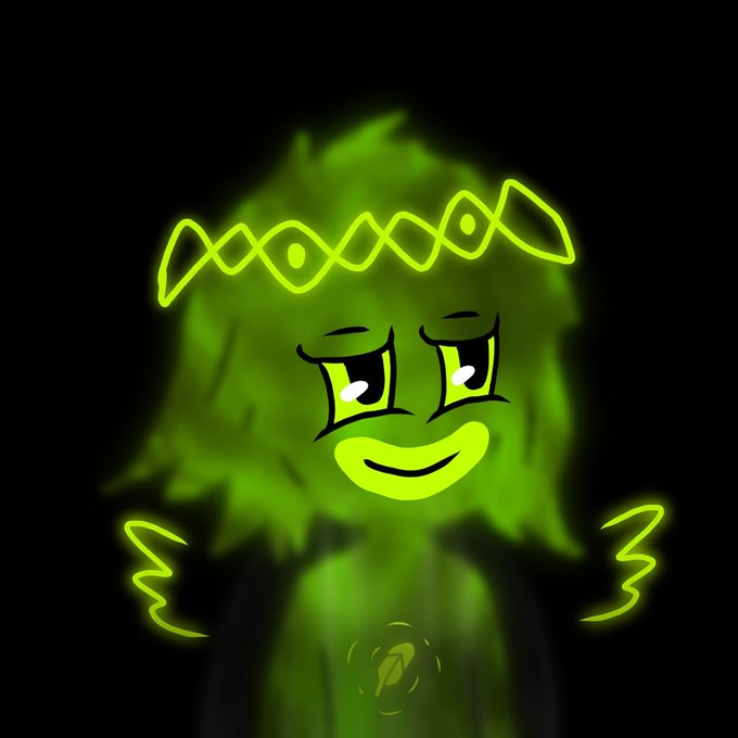 A glowing green digital illustration of a stylized character with a leafy crown, large expressive eyes, and a small smile, set against a black background.