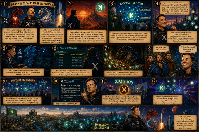 The image features a large comic book-style poster with various panels depicting different scenes, including a man holding a sword and a dragon. The poster also includes text that reads "Bajka o Elonie i XMoney", which translates to "Elon Musk" in English. This phrase is likely related to the post about Bitcoin or cryptocurrency on social media platforms.