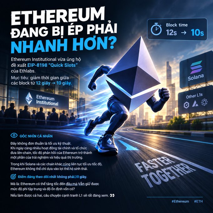 A dynamic graphic with a running Ethereum logo character and the text 'ETHEREUM ĐANG BỊ ÉP PHẢI NHANH HƠN?' discussing Ethereum Institutional proposing EIP-8198 'Quick Slots' to reduce block time from 12s to 10s, competing against Solana and Other L1s, with 'FASTER TOGETHER' written on the road.