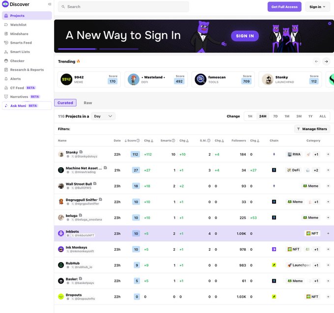 Discover web interface showing a trending crypto projects dashboard with entries like 'Stonky' (112), 'Machine Net Asset' (27), 'Wall Street Bull' (18), and 'Inibots' (10).