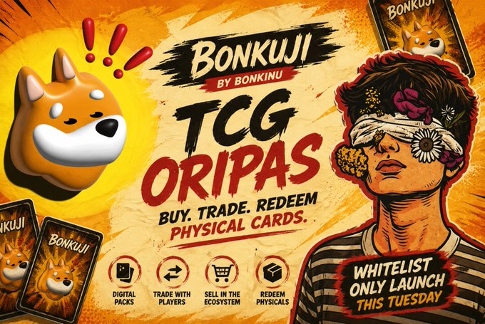 The image features a poster for a trading card game called "TCG Oripas". The poster includes a cartoon of a person with blinders on their eyes, surrounded by various trading cards related to the game. The text on the poster promotes the game, stating that it is available for purchase and trade, and encourages players to join the game's community. It also mentions that the game has been released on White List Day, which is today.