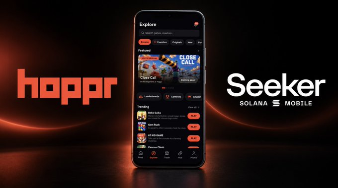 A promotional image for 'Seeker SOLANA MOBILE' showing a smartphone displaying the 'hoppr' app interface with gaming options like 'CLOSE CALL'.