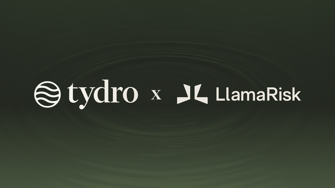 The image displays a partnership announcement banner with "tydro x LlamaRisk" in white text against a dark green background with a subtle wave-like pattern. The logos for both Tydro (a circular wave emblem) and LlamaRisk (a stylized "JL" mark) flank the text, visually representing the collaboration highlighted in the post announcing LlamaRisk as the new risk service provider for Tydro.