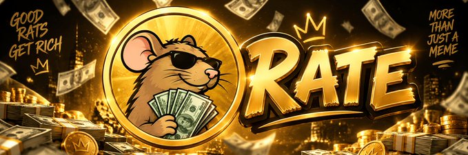 A promotional banner featuring a cartoon rat wearing sunglasses and holding cash, with the word 'RATE' and slogans 'GOOD RATS GET RICH' and 'MORE THAN JUST A MEME'.
