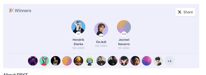 A screenshot showing winners of a contest or giveaway, listing 1st place 'Hendrik Starke' (150 USDC), 2nd place '0xJedi' (100 USDC), and 3rd place 'Jezreel Navarro' (50 USDC), along with a row of participant avatars.