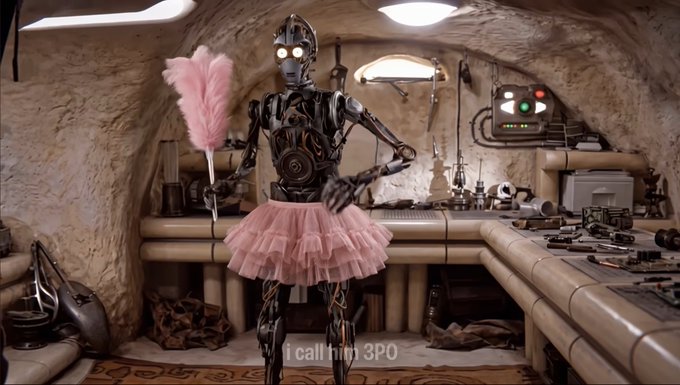 A robot character wearing a pink tutu and holding a pink feather duster in a Star Wars-style desert dwelling, with text 'i call him 3PO'.