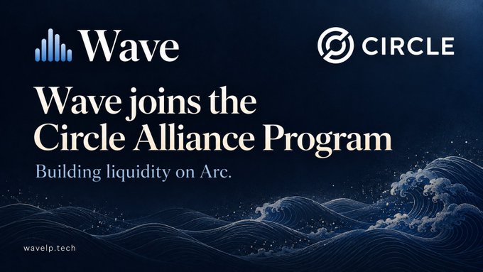 A promotional banner reads 'Wave joins the Circle Alliance Program - Building liquidity on Arc' featuring the Wave and Circle logos on a dark blue ocean background, with 'wavelp.tech' at the bottom.