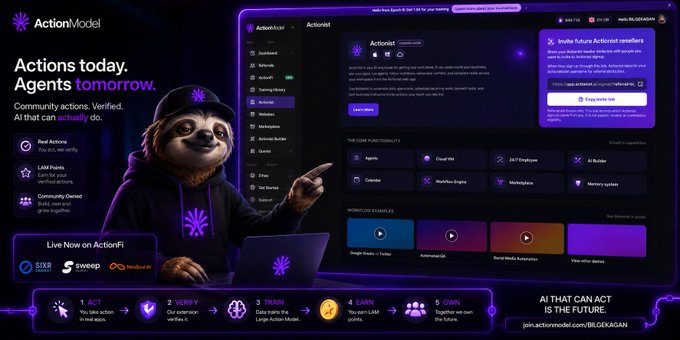 A promotional graphic for 'ActionModel' features a sloth character in a hoodie pointing at a dashboard interface, with the tagline 'Actions today. Agents tomorrow. AI that can actually do.' and a call to 'join.actionmodel/BtExAGAN'.