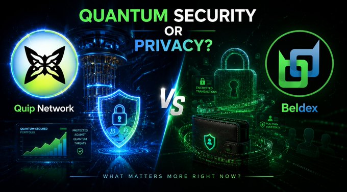 A promotional graphic comparing two crypto projects, asking 'QUANTUM SECURITY OR PRIVACY?', featuring the logos for 'Quip Network' on the left and 'Beldex' on the right, with a 'VS' in the center and the text 'WHAT MATTERS MORE RIGHT NOW?' below.