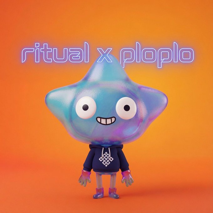 A 3D-rendered star-shaped character with a blue-purple gradient body, wearing a dark hoodie with a white logo, set against an orange background with neon text reading 'ritual x ploplo'.