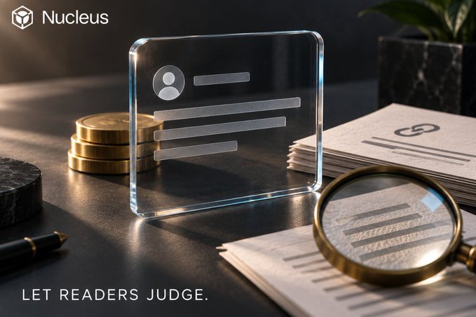 A promotional image for Nucleus featuring a glass user profile icon, gold coins, and documents with a magnifying glass, captioned 'LET READERS JUDGE.'