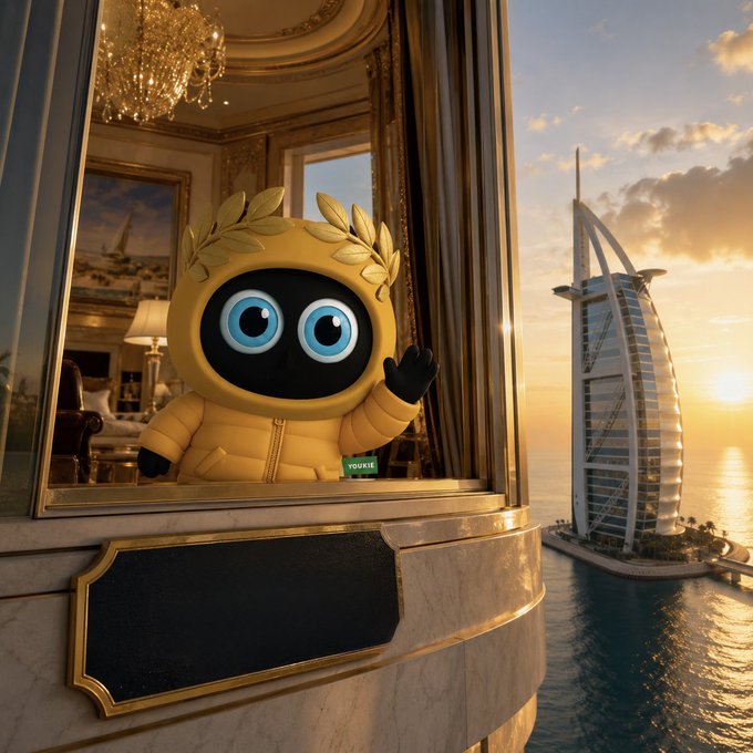 Stylized scene featuring a cute robot character in a yellow puffer jacket with a laurel wreath, peeking out of an ornate window, with the Burj Al Arab hotel visible in the background against a sunset sky.