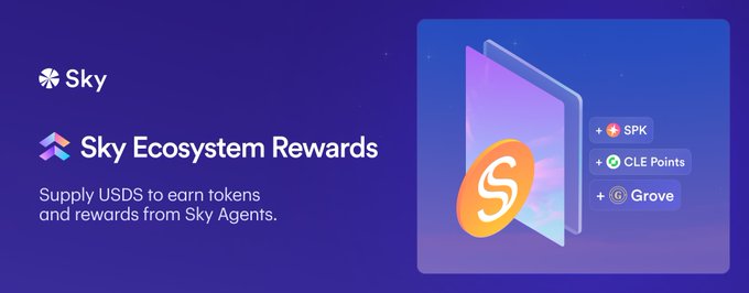 A promotional banner for Sky Ecosystem Rewards on a dark purple background, featuring the Sky logo and text reading 'Supply USDS to earn tokens and rewards from Sky Agents,' along with a graphic showing SPK, CLE Points, and Grove.