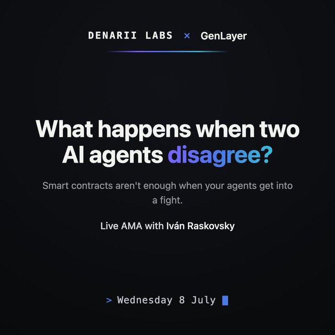 The image is a promotional graphic for a GenLayer x Denarii Labs AMA event titled "What happens when two AI agents disagree?" featuring Iván Raskovsky, scheduled for Wednesday 8 July. It visually reinforces the post by highlighting the upcoming live AMA where Raskovsky will discuss building on GenLayer and the Denarii Labs accelerator program.