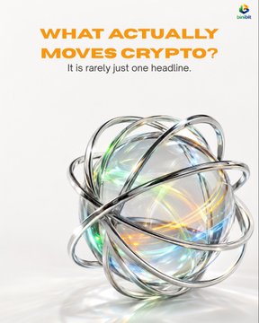A glossy metallic sphere encased in intersecting silver rings sits beside the headline "WHAT ACTUALLY MOVES CRYPTO? It is rarely just one headline," visually echoing the post's message that multiple intertwined forces—liquidity, regulation, macro conditions, and sentiment—drive markets rather than a single headline.